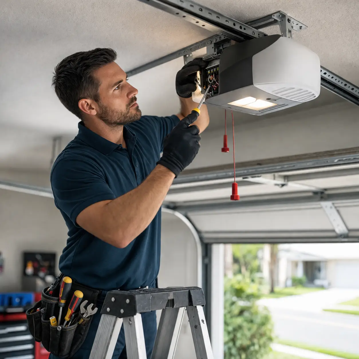 Technician repairing garage door opener