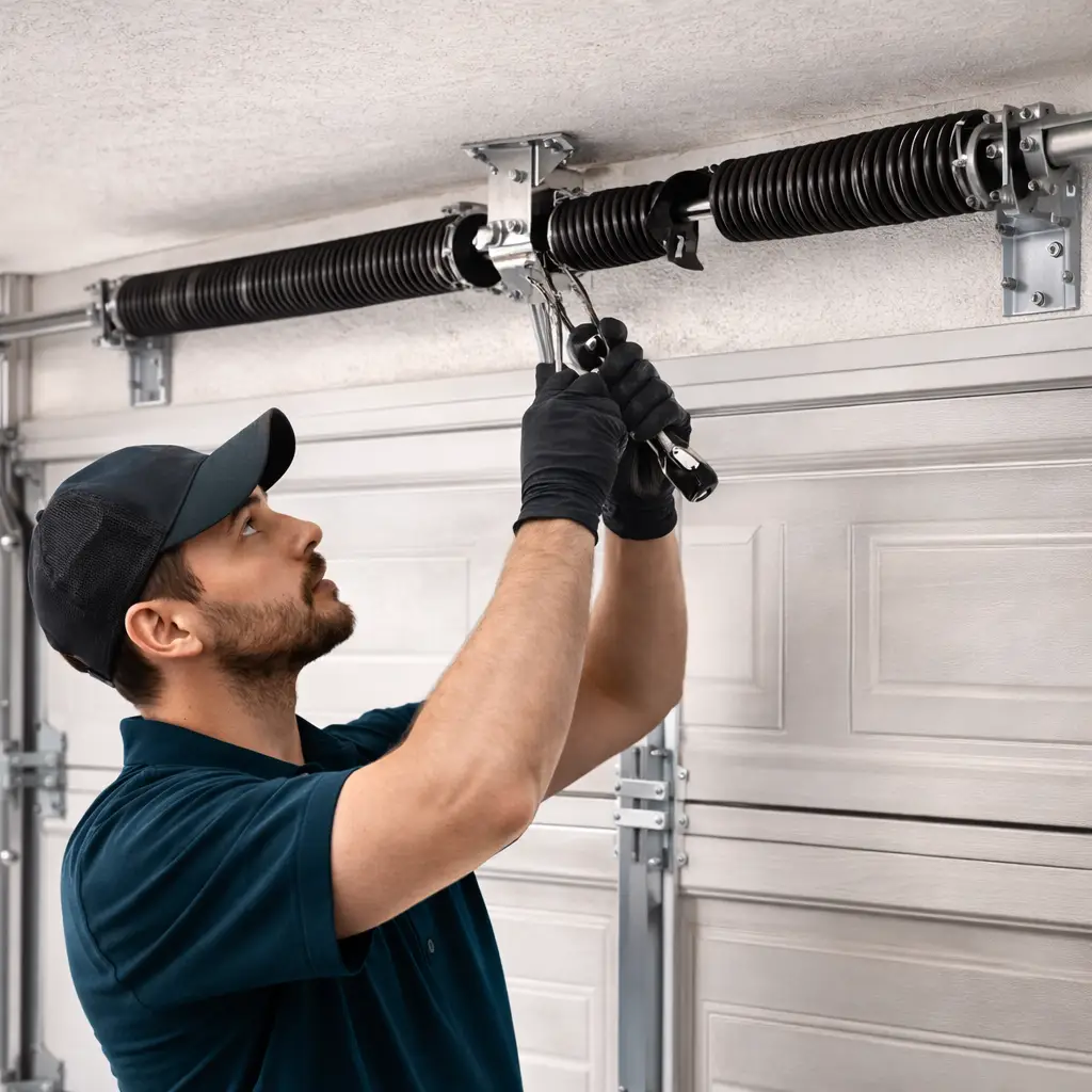 Technician repairing torsion spring above garage door